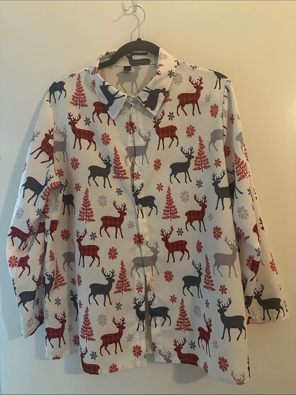 Reindeer Print Button-Up Shirt in White, Red & Gray